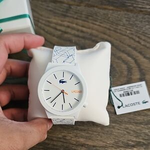 Lacoste White Watch with Blue and Orange Details